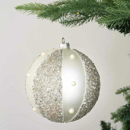 White Ball Ornament With Silver Glitter & Pearls - Joy By