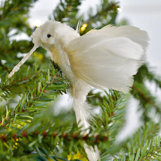 White Bird with Fluted Tail Clip On Ornament - Joy By