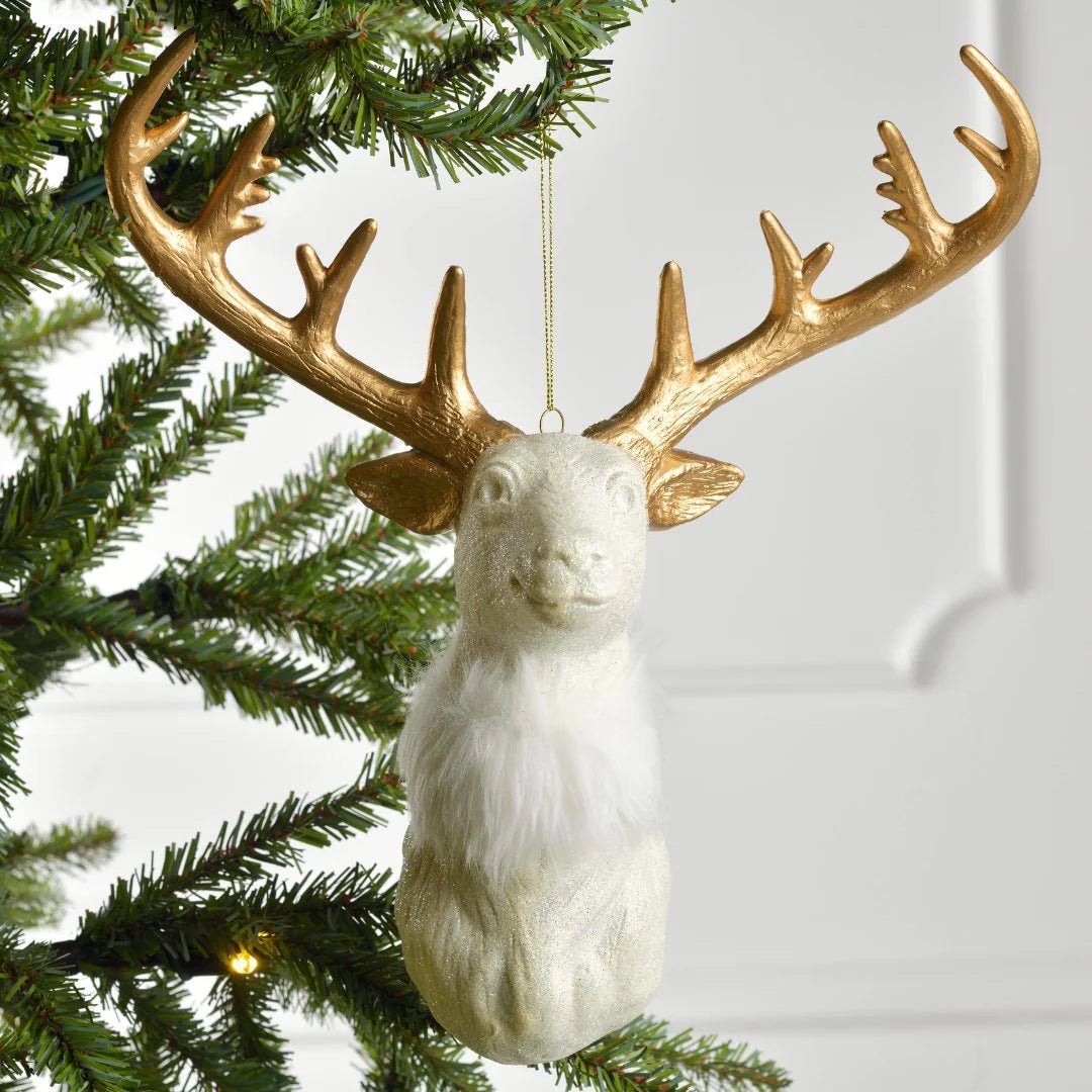 White Dear Head with Gold Glittered Horn & White Fur Ornament - Joy By