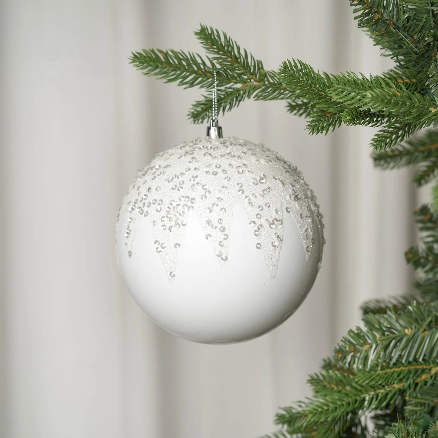 White Glossy Finish Ball Ornament With Beads - Joy By