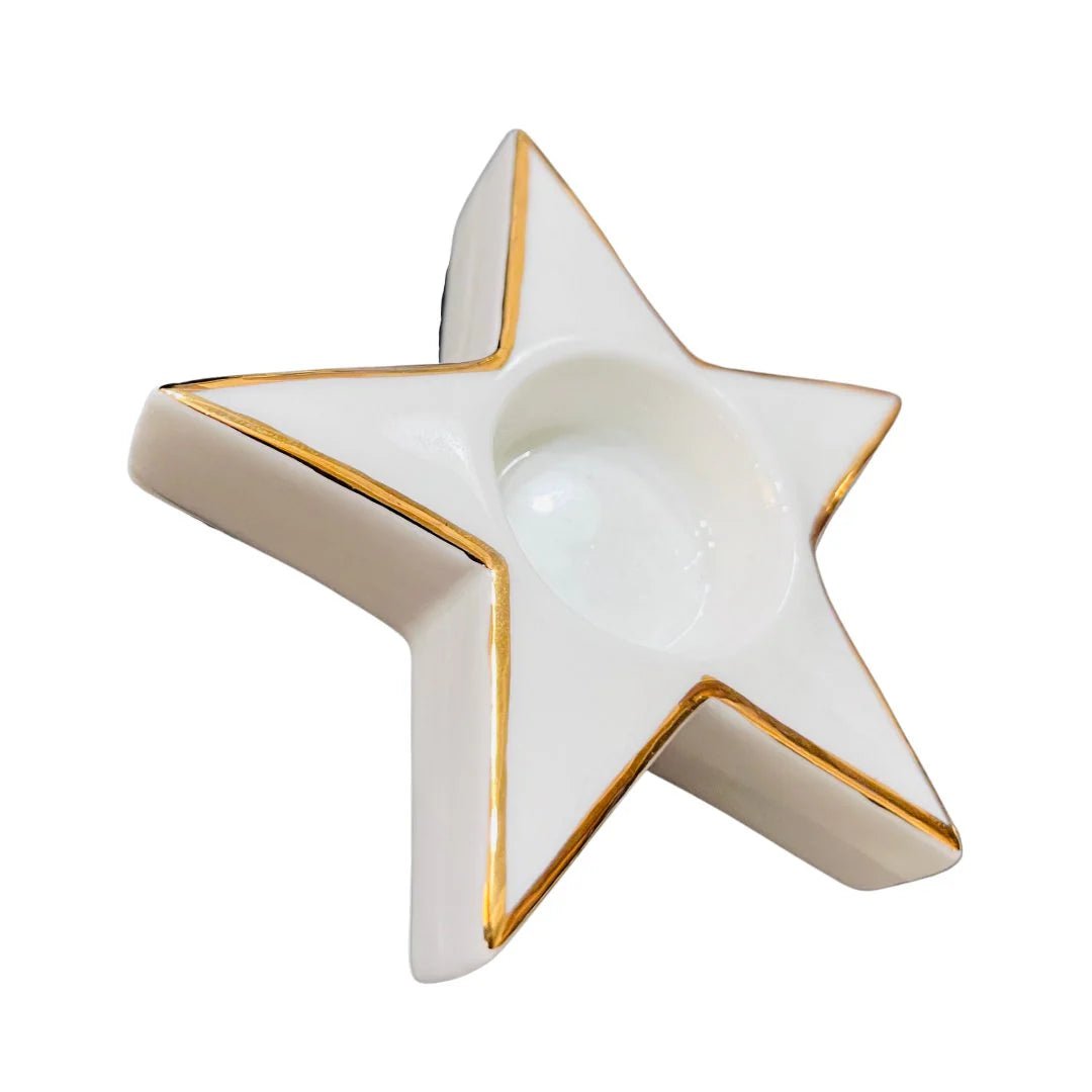 White & Gold Glazed Porcelain Star Candle Holder - Joy By