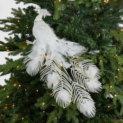 White Peacock Clip - On Ornament With Feather Detail - Joy By