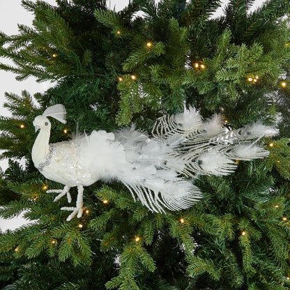 White Peacock Clip - On Ornament With Feather Detail - Joy By