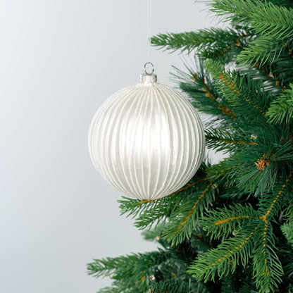 White Ribbed Ball Ornament with White Glitter - Joy By