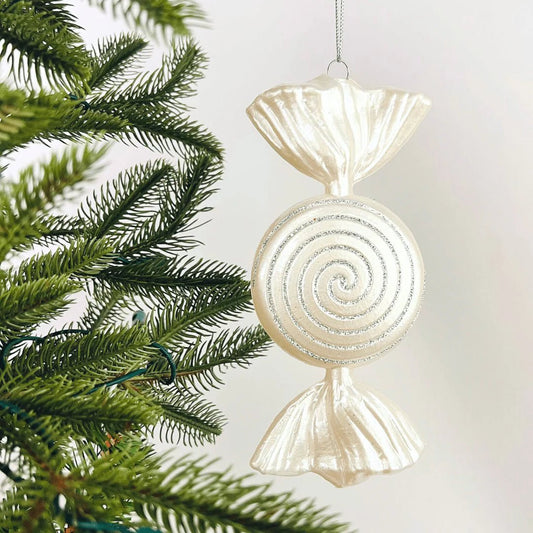 White Swirly Candy Ornament - Joy By