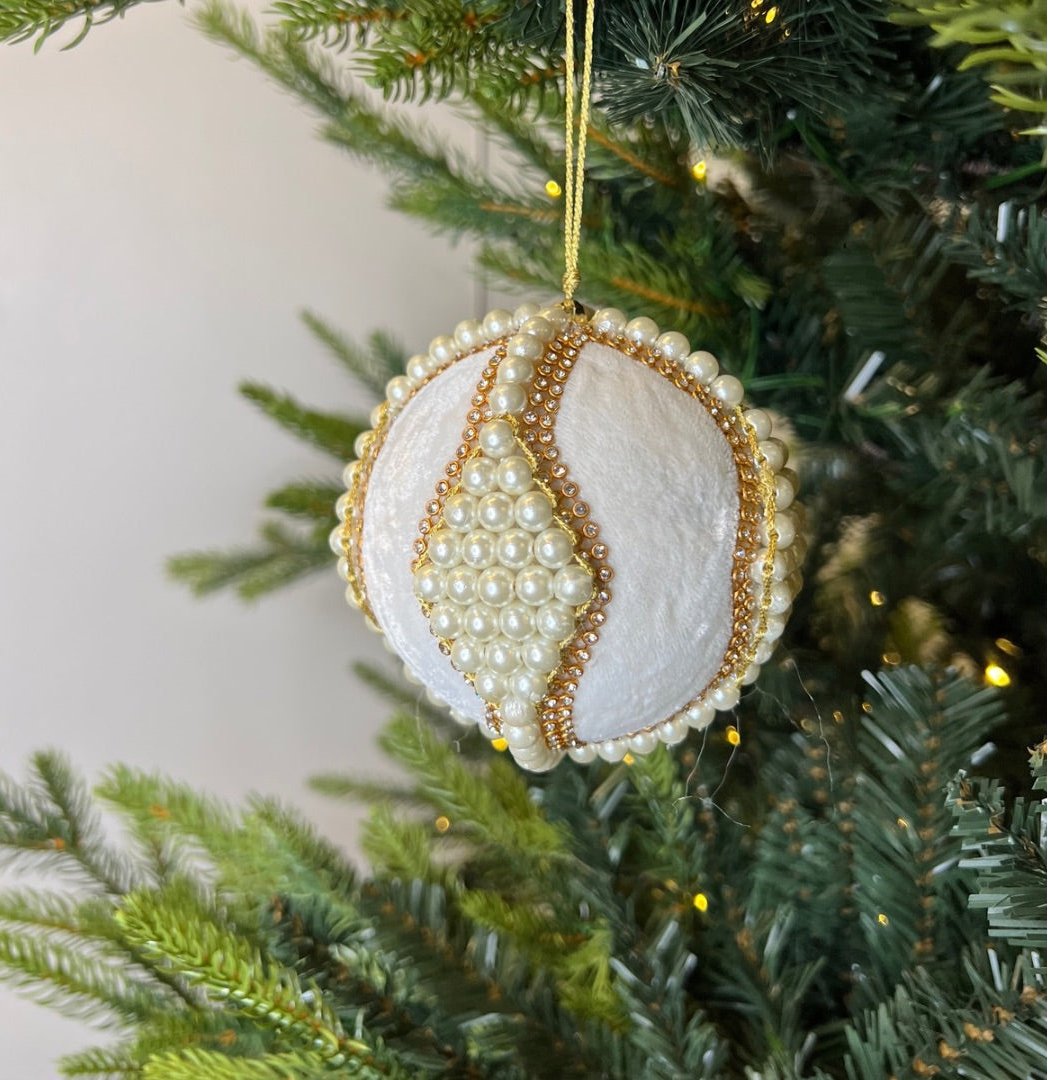 White Velvet Ball Ornament with Pearls - Joy By